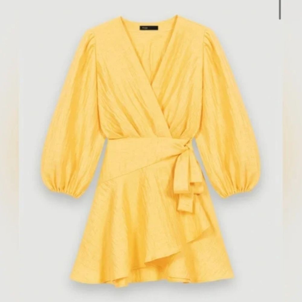 Maje Rifilo Yellow Linen Wrap Dress Size 42 Or 8 - Picture 3 of 16